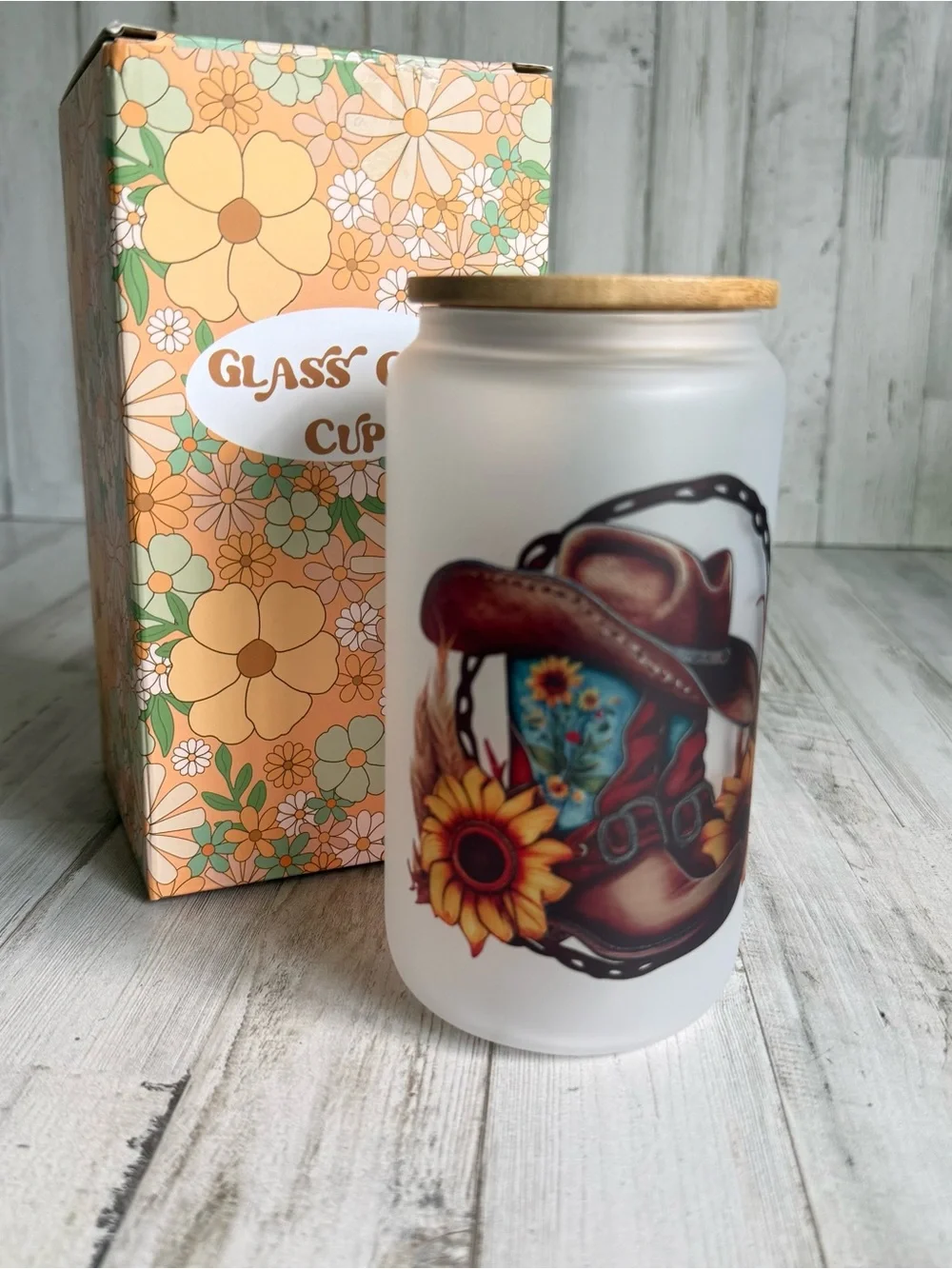 Glass Can Cup. Cowgirl Themed.
